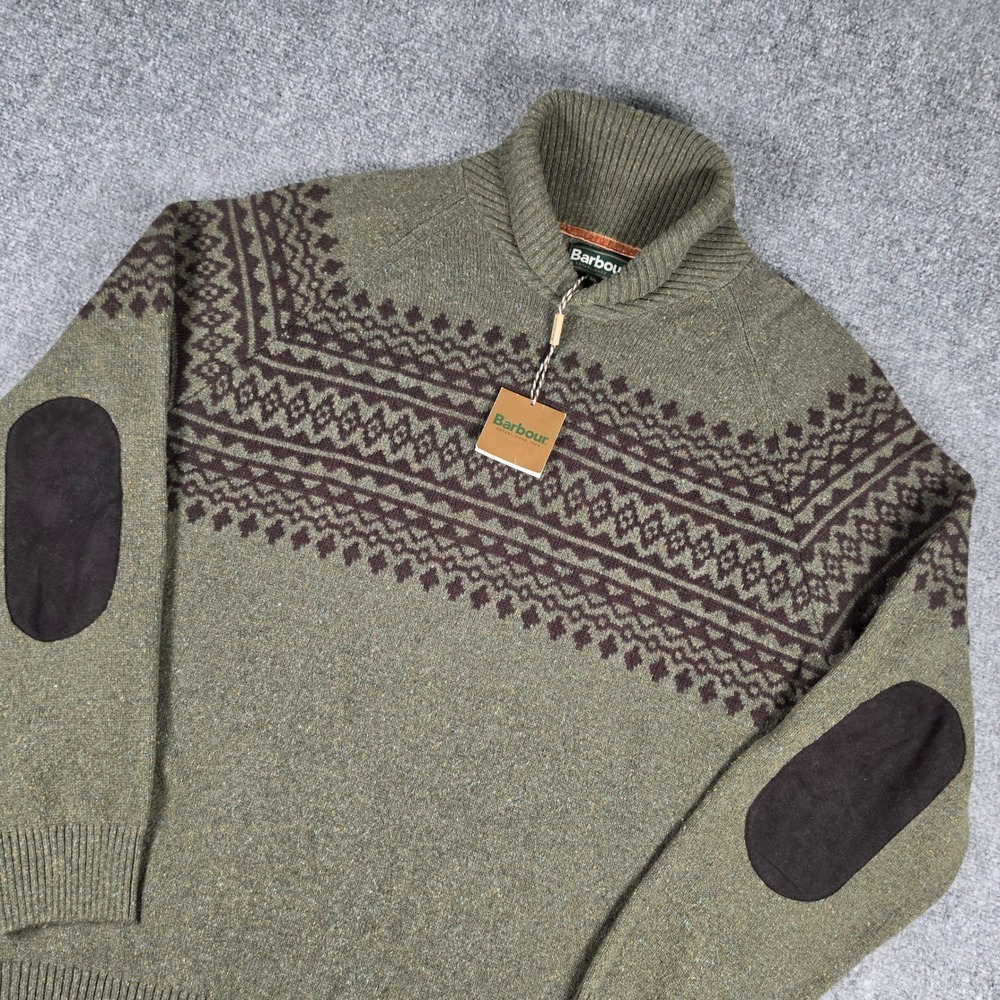 Barbour Kersal Shawl Sweater Mens XXL Seaweed Green Fair Isle Wool Blend NWT